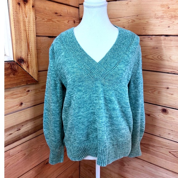 GAP Sweaters - GAP Womens Sage Green Heathered Cotton V-Neck Balloon Sleeve Sweater Size M